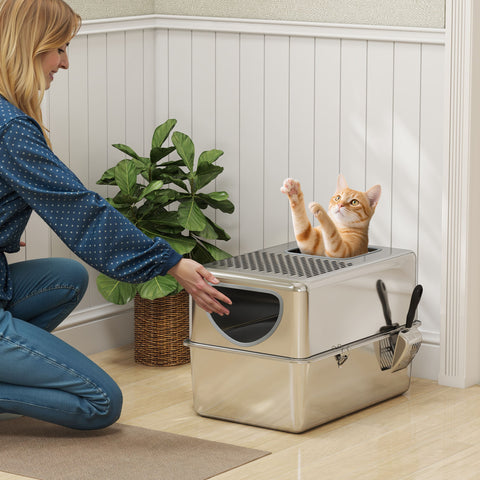 Caixa de Areia para Gatos em Aço Inoxidável XL Caixa de Areia para Gatos com Pá Aberturas Duplas Fácil de Limpar 60x39,6x40,1 cm Prateado