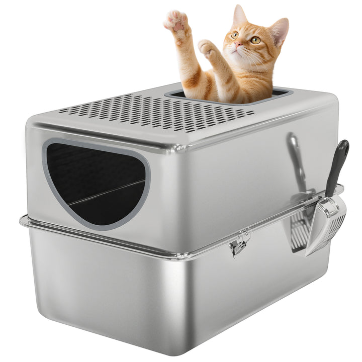 Caixa de Areia para Gatos em Aço Inoxidável XL Caixa de Areia para Gatos com Pá Aberturas Duplas Fácil de Limpar 60x39,6x40,1 cm Prateado
