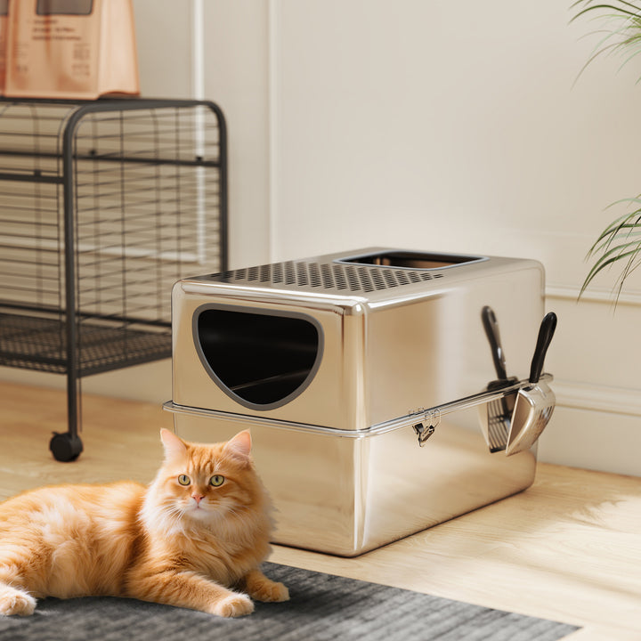 Caixa de Areia para Gatos em Aço Inoxidável XL Caixa de Areia para Gatos com Pá Aberturas Duplas Fácil de Limpar 60x39,6x40,1 cm Prateado