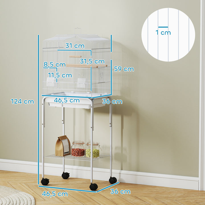 Gaiola Grande para Pássaros com Rodas Prateleira de Armazenamento Portas, 2 Comedouros 2 Poleiros Baloiço Bandeja Removível e Pega para Papagaio Canário Periquito 46,5x36x124 cm Branco