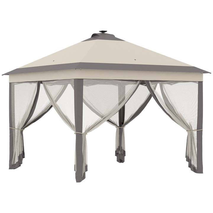 Pérgola Dobrável Exterior 3,3x3,3x2,9 m com Luzes LED e Controle Remoto Pérgola de Jardim com 4 Mosquiteiras Removíveis e Bolsa de Transporte para Acampamento Festas Bege