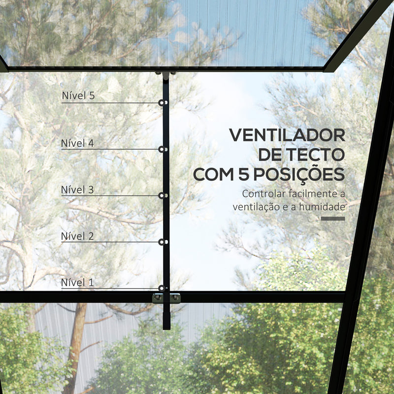 Estufa de Jardim de Policarbonato 2,54x1,92x2,04 m Estufa para Horta com Janela Ajustável em 5 Níveis Porta de Correr e Base para Cultivo de Plantas Flores Transparente e Preto