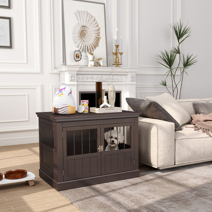 Gaiola para Cães com Mesa Auxiliar Casa para Animais de Estimação Moderna com 3 Portas Francês e Fecho Magnético para Cães Pequenos 78x53x59,3 cm Castanho