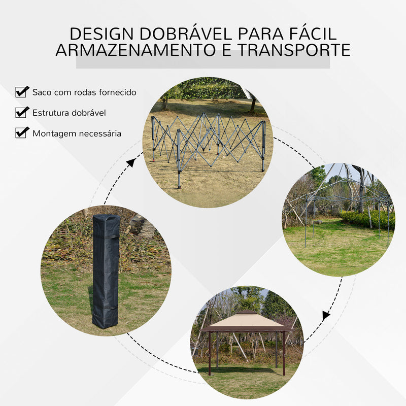 Tenda Dobrável 3,85x3,85 m Tenda de Jardim com Telhado Duplo Altura Ajustável com Bolsa de Transporte Proteção UV para Festas Casamentos Cáqui e Café