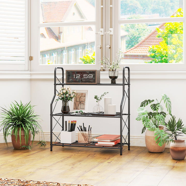 Suporte para Plantas de 3 Níveis para Interior e Exterior Estante Metálica com Pés Ajustáveis e Alças Resistente e Estável para Vasos Jardim Varanda Preto