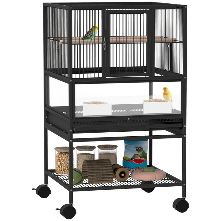 Gaiola para Pássaros Gaiola Grande com Rodas Painéis Acrílicos Comedouros Poleiros Prateleira Bandeja Amovível Gaiola para Papagaios Canários 48x46x83 cm Preto