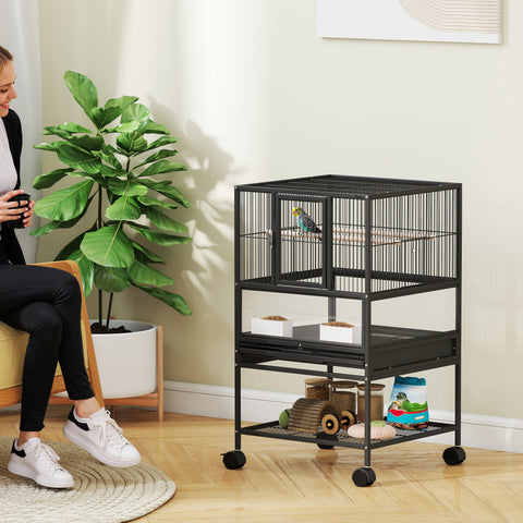 Gaiola para Pássaros Gaiola Grande com Rodas Painéis Acrílicos Comedouros Poleiros Prateleira Bandeja Amovível Gaiola para Papagaios Canários 48x46x83 cm Preto