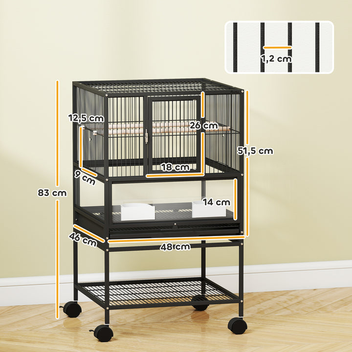 Gaiola para Pássaros Gaiola Grande com Rodas Painéis Acrílicos Comedouros Poleiros Prateleira Bandeja Amovível Gaiola para Papagaios Canários 48x46x83 cm Preto