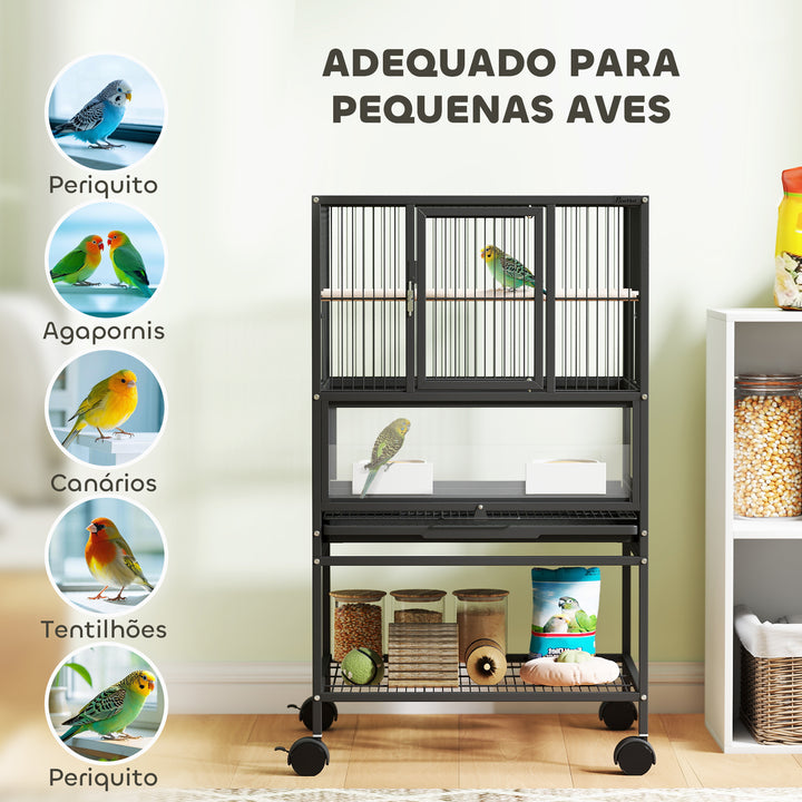 Gaiola para Pássaros Gaiola Grande com Rodas Painéis Acrílicos Comedouros Poleiros Prateleira Bandeja Amovível Gaiola para Papagaios Canários 48x46x83 cm Preto