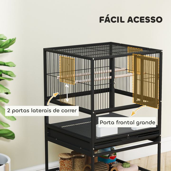 Gaiola para Pássaros Gaiola Grande com Rodas Painéis Acrílicos Comedouros Poleiros Prateleira Bandeja Amovível Gaiola para Papagaios Canários 48x46x83 cm Preto