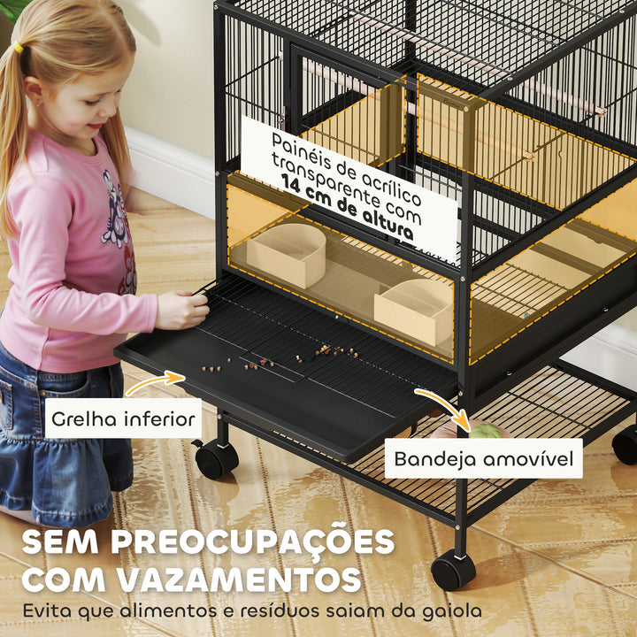 Gaiola para Pássaros Gaiola Grande com Rodas Painéis Acrílicos Comedouros Poleiros Prateleira Bandeja Amovível Gaiola para Papagaios Canários 48x46x83 cm Preto