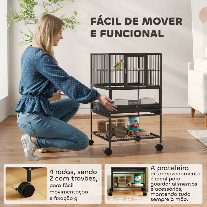 Gaiola para Pássaros Gaiola Grande com Rodas Painéis Acrílicos Comedouros Poleiros Prateleira Bandeja Amovível Gaiola para Papagaios Canários 48x46x83 cm Preto