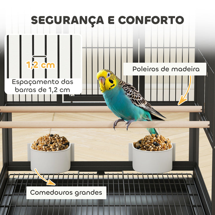 Gaiola para Pássaros Gaiola Grande com Rodas Painéis Acrílicos Comedouros Poleiros Prateleira Bandeja Amovível Gaiola para Papagaios Canários 48x46x83 cm Preto