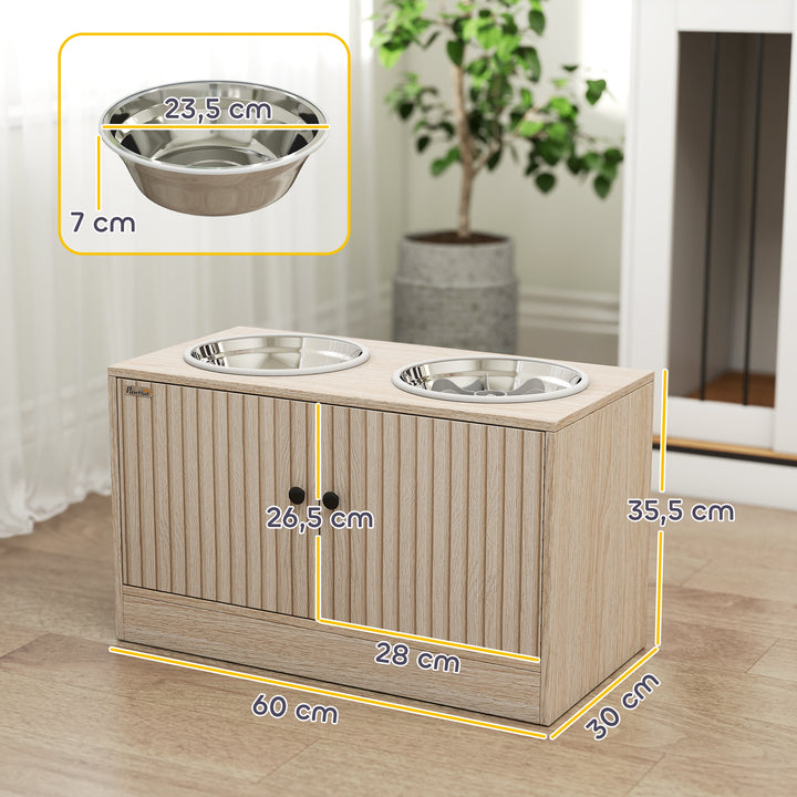 Comedouro Elevado para Cães com 2 Tigelas de Aço Inoxidável 2x2000 ml com 2 Portas Comedouro com Armazenamento Oculto e Antiderrapantes 60x30x35,5 cm Carvalho