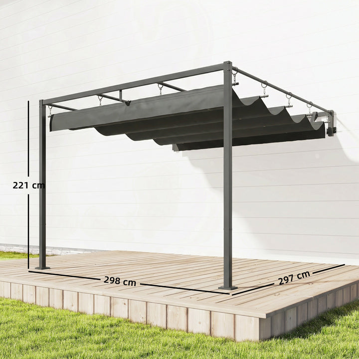 Pérgola de Parede para Jardim 3x3 m Pérgola de Jardim com Teto Retrátil Proteção UPF30+ Orifícios de Drenagem e Estrutura de Aço Pérgola para Terraço Exterior Cinzento Escuro