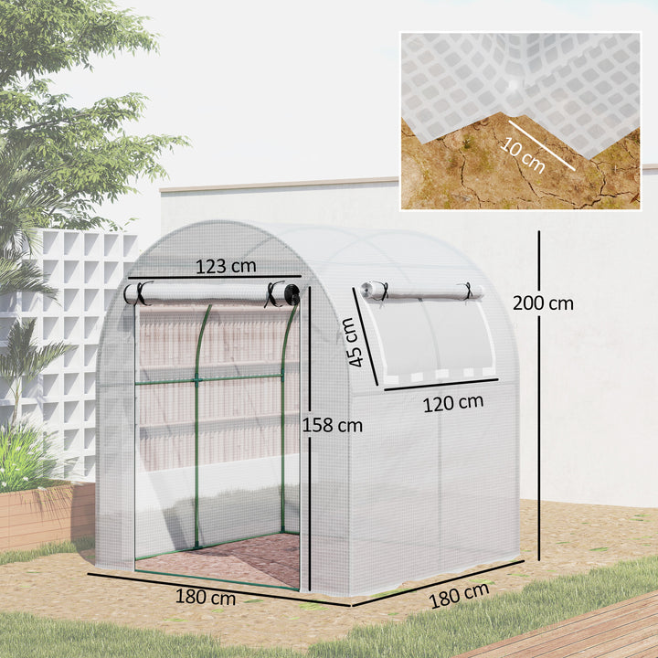 Estufa de Jardim 180x180x200 cm Estufa Tipo Túnel Pequena com Porta Enrolável e Janela de Malha para Cultivar Plantas Flores Branco