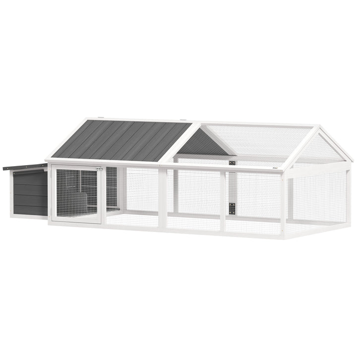 Galinheiro de Madeira Galinheiro de Exterior Espaçoso de 2 Andares para 4-8 Galinhas com Teto Abatível Cercado Portas com Fechadura e Caixa Ninho 240x112,5x76 cm branco e Cinza