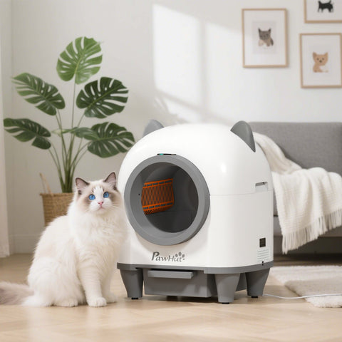Caixa de Areia Autolimpante para Gatos 80L Caixa de Areia Autolimpante Eliminação de Odores Controlo por APP Proteção de Segurança 1 Rolo de Sacos do Lixo 55,5x51x60 cm Branco