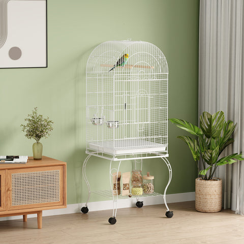 Gaiola para Pássaros com Rodas e Estante 51x51x153 cm Gaiola Grande com Parte Superior Rebatível 2 Comedouros 2 Poleiros 4 Portas e Bandeja Removível para Papagaios e Canários Branco