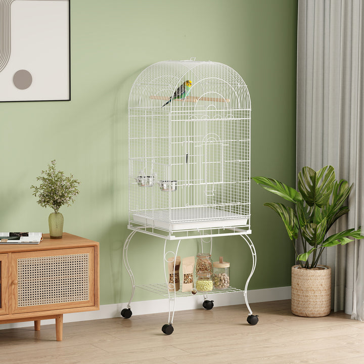 Gaiola para Pássaros com Rodas e Estante 51x51x153 cm Gaiola Grande com Parte Superior Rebatível 2 Comedouros 2 Poleiros 4 Portas e Bandeja Removível para Papagaios e Canários Branco