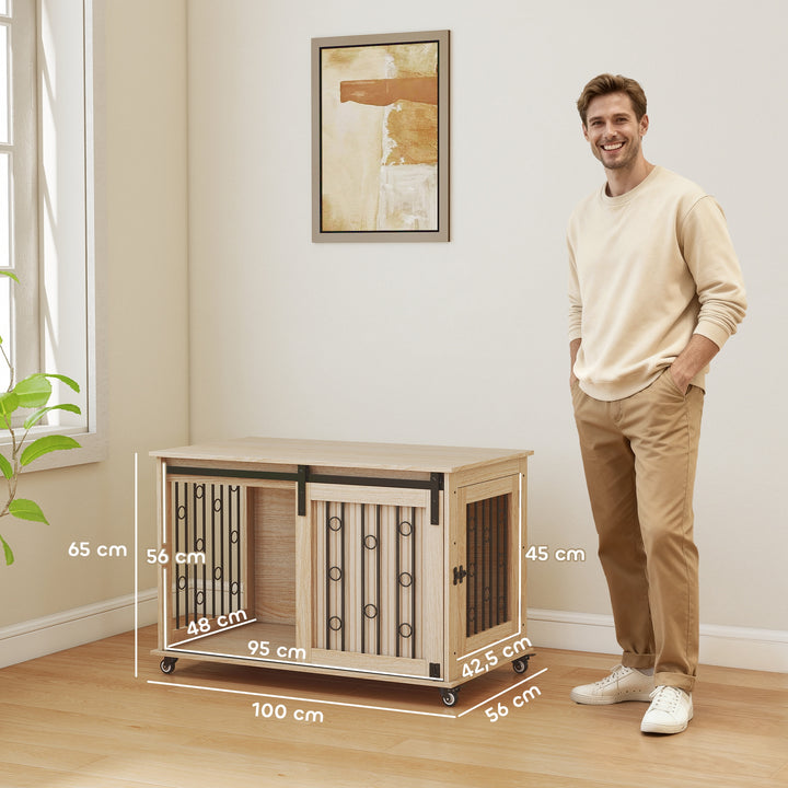 Móvel Gaiola para Cães com Rodas Mesa Auxiliar Casa para Animais Moderna com 2 Portas com Fecho para Cães Médios e Grandes 100x56x65 cm Carvalho