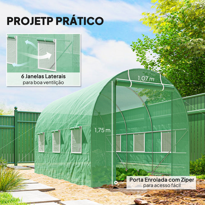 Estufa Verde Aço Plástico com janelas 350 x 200 x 200cm