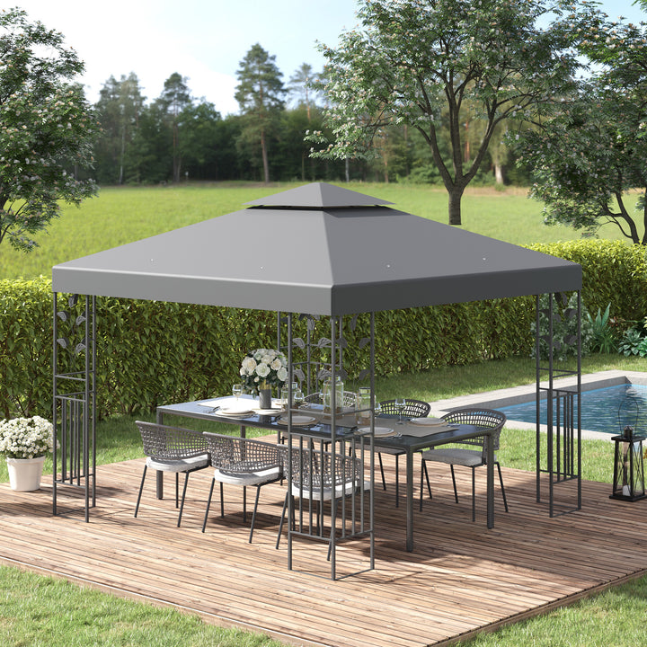 Pérgola de Jardim 3x3 m com Teto Duplo Estrutura de Aço 8 Orifícios de Drenagem Resistente à Água Pérgola para Exterior Pátio Cinzento