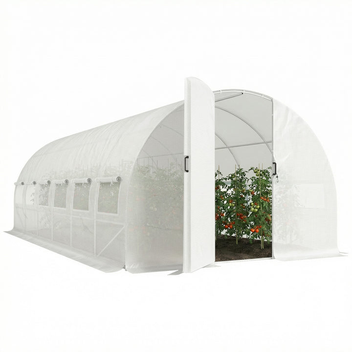 Estufa de Exterior 6x3x2 m Túnel de Cultivo com Porta de Dobradiças Janelas com Rede Cobertura de PE 140g/m² e Estrutura de Aço Galvanizado Anti-UV Impermeável para Cultivo Branco