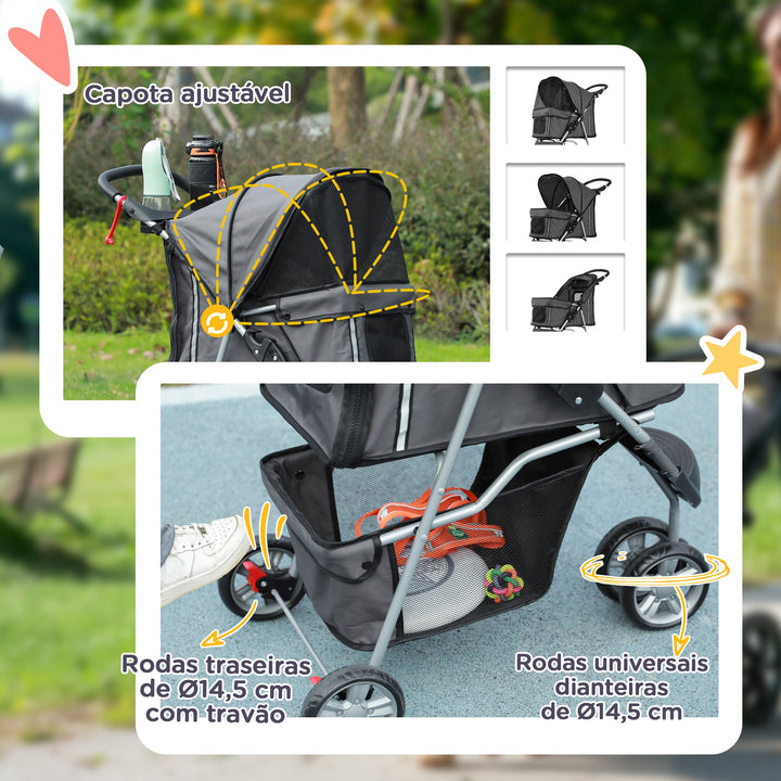 Carrinho para Animais de Estimação Dobrável Carrinho para Cães e Gatos com Rodas Giratórias Cesto e Suporte para Copos 75x45x97 cm Cinzento