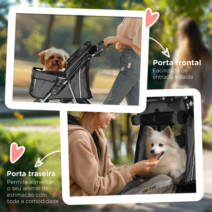 Carrinho para Animais de Estimação Dobrável Carrinho para Cães e Gatos com Rodas Giratórias Cesto e Suporte para Copos 75x45x97 cm Cinzento