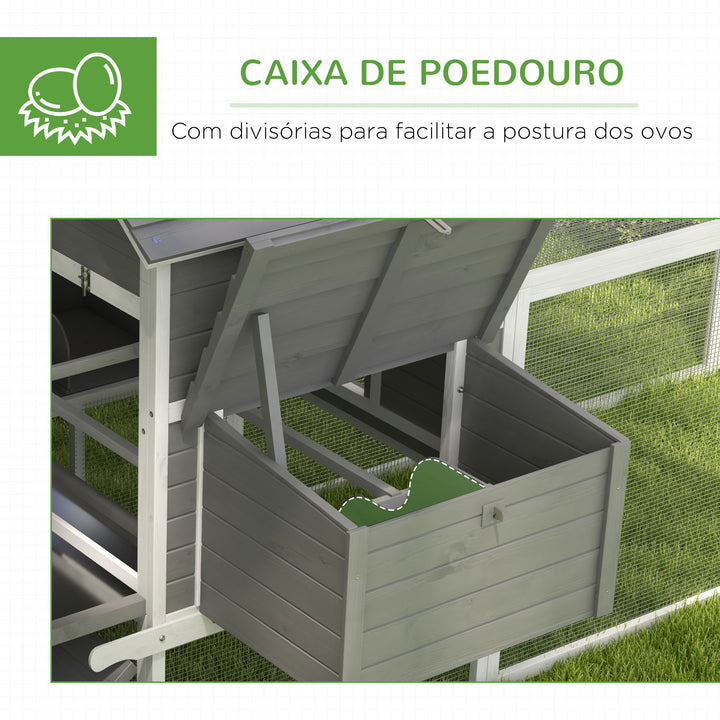Galinheiro Grande de Madeira 310,5x149,5x149 cm Gaiola para Galinhas com 2 Janelas Portas Ninho Bandeja Amovível e Rampa para Exterior Cinza