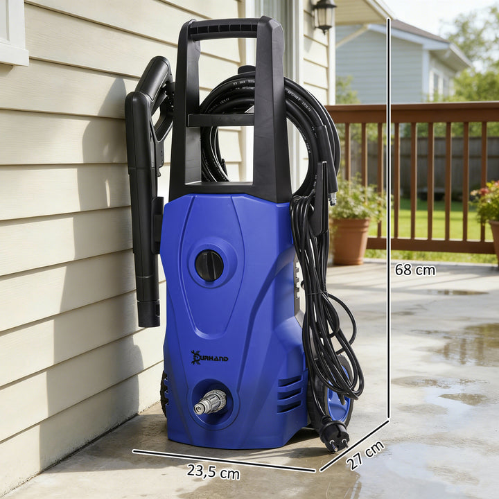 Lavadora de Alta Pressão 1600W Caudal 432 L/h Bomba de Alumínio Pressão de 135 Bar Mangueira de 6 m Inclui Garrafas de Sabão Bocal Escova 32x24x65 cm Azul