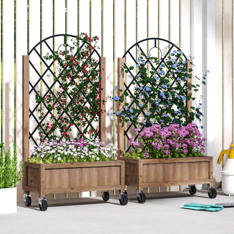Conjunto de 2 Jardineiras de Exterior Jardineiras com Treliça Metálica para Plantas Trepadeiras Vasos com Rodas para Jardim Pátio 52x25x97 cm Madeira