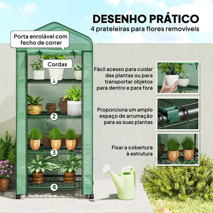 Estufa de Exterior com 4 Prateleiras e Rodas Estufa de Jardim com Porta Enrolável Estrutura em Aço e Cobertura de PE 140g/? Anti-UV para Terraço Pátio 69x50x165 cm Verde