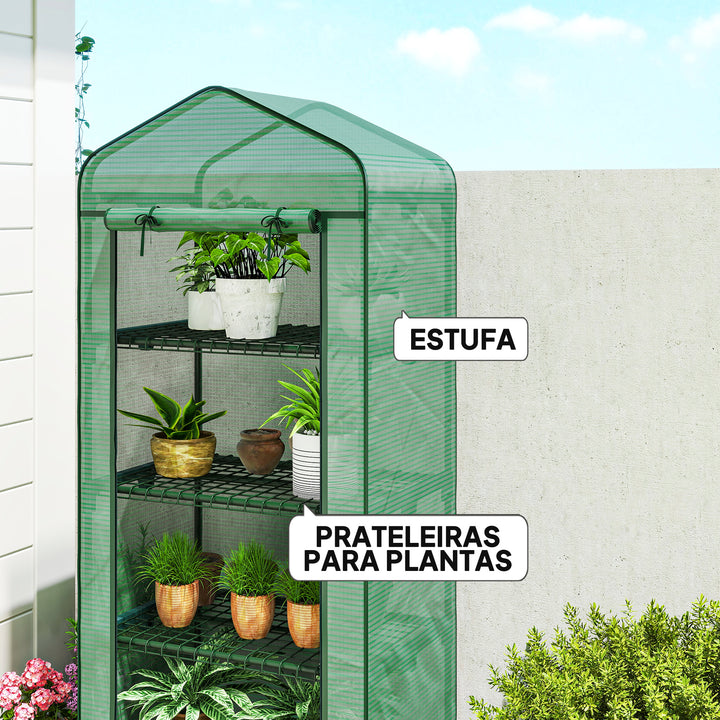 Estufa de Exterior com 4 Prateleiras e Rodas Estufa de Jardim com Porta Enrolável Estrutura em Aço e Cobertura de PE 140g/? Anti-UV para Terraço Pátio 69x50x165 cm Verde