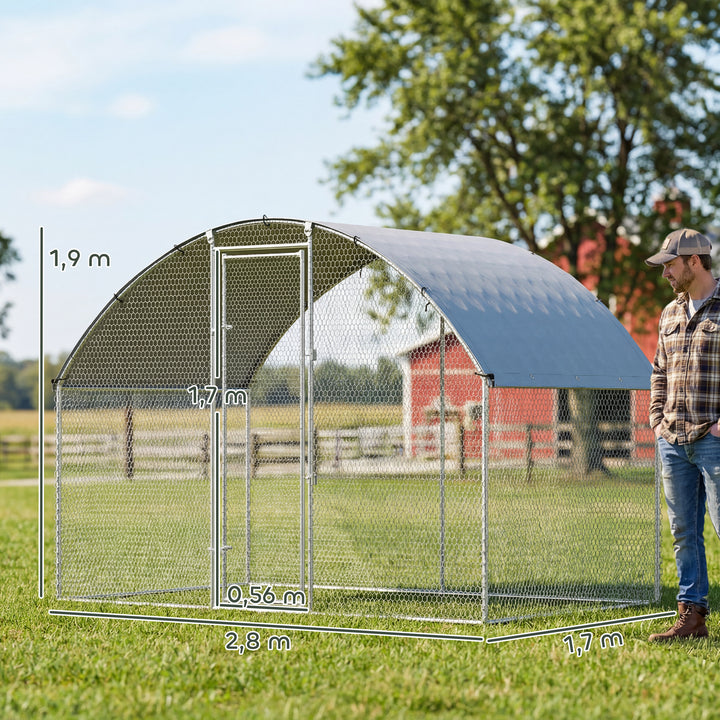 Galinheiro para Exterior 2,8x1,7x1,9 m 4,7 m² Galinheiro de Aço Galvanizado com Cobertura em Tecido Oxford Anti-UV e Impermeável Porta e Fechos Gaiola para 5-8 Galinhas Prata
