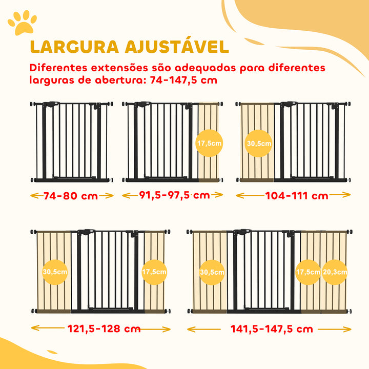 Barreira de Segurança Extensível para Portas e Escadas Barreira de Segurança Cães com Fechamento Automático e Sistema de Duplo Bloqueio Metal 74-147,5x76,2 cm Preto