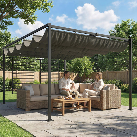 Pérgola de Jardim 4x3 m com Teto Retrátil e 2 Painéis de Privacidade Fixos Pérgola de Jardim com Proteção UPF50+ Drenagem Estrutura Metálica Refúgio para Exterior Cinzento Escuro