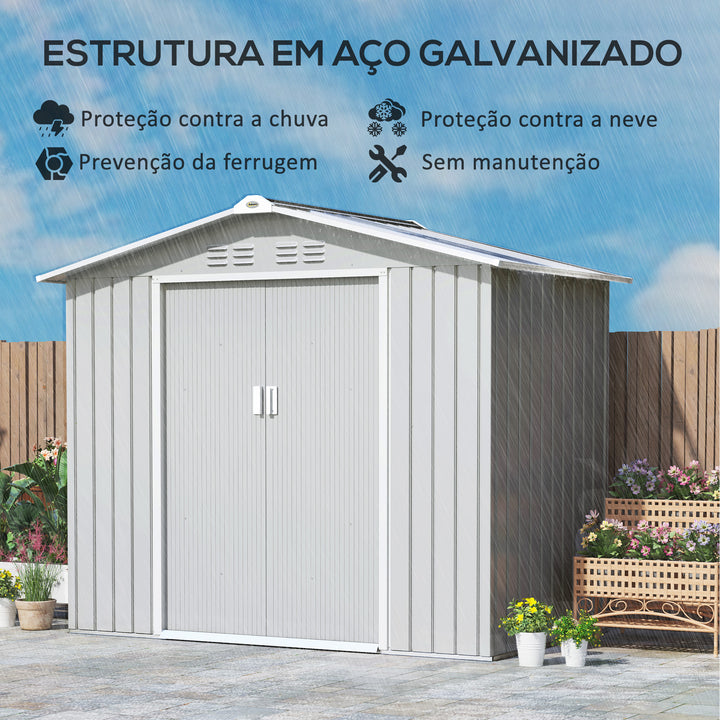 Abrigo de Jardim 2,42 m 213x130x185 cm Abrigo de Jardim Metálico de Exterior para Armazenamento de Ferramentas com 2 Portas Deslizantes e 4 Janelas para Terraço Cinza Claro