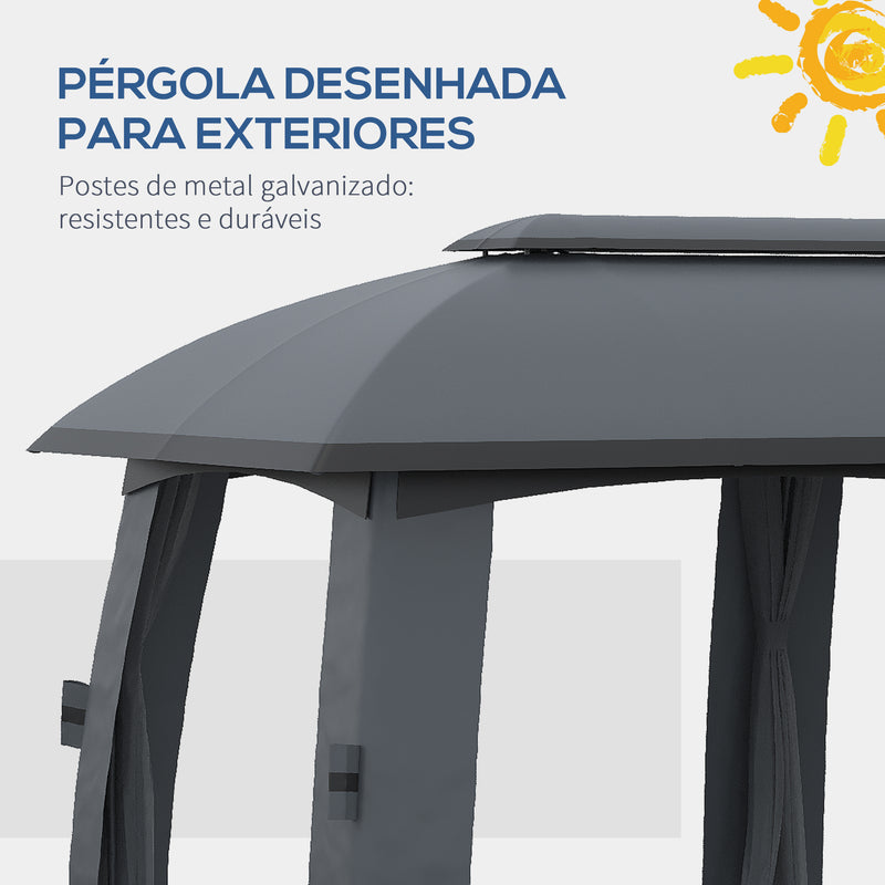 Pérgola de Jardim 3x6m Pérgola de Exterior com Teto Duplo 6 Telas Mosquiteiras com Zíper e Estrutura de Metal para Festas Eventos Pátio Cinza Escuro