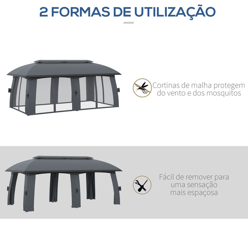 Pérgola de Jardim 3x6m Pérgola de Exterior com Teto Duplo 6 Telas Mosquiteiras com Zíper e Estrutura de Metal para Festas Eventos Pátio Cinza Escuro