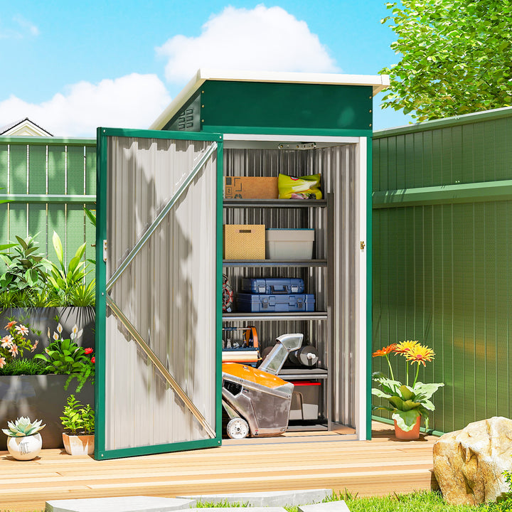 Abrigo Exterior Metálico 107,5x91x185 cm Abrigo de Jardim com Teto Inclinado Porta com Trinco Ventilação e Luvas Abrigo de Armazenamento para Ferramentas Verde