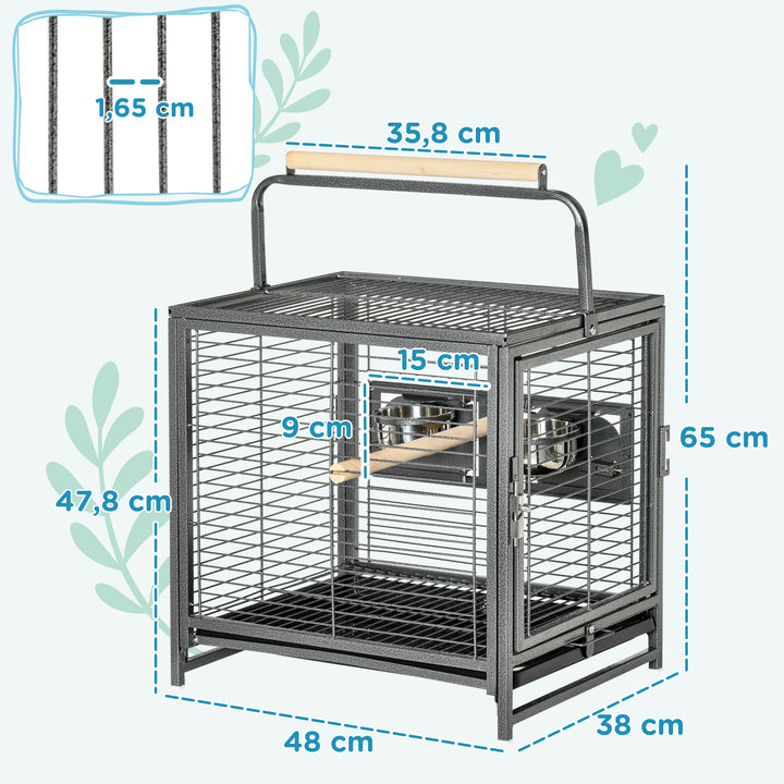 Gaiola para Pássaros Portátil com 2 Poleiros de Madeira Comedouros de Aço Inoxidável e Bandeja Amovível para Periquitos Canários 48x38x47,8 cm Preto