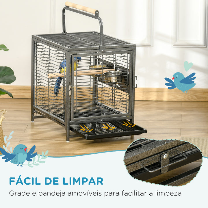 Gaiola para Pássaros Portátil com 2 Poleiros de Madeira Comedouros de Aço Inoxidável e Bandeja Amovível para Periquitos Canários 48x38x47,8 cm Preto