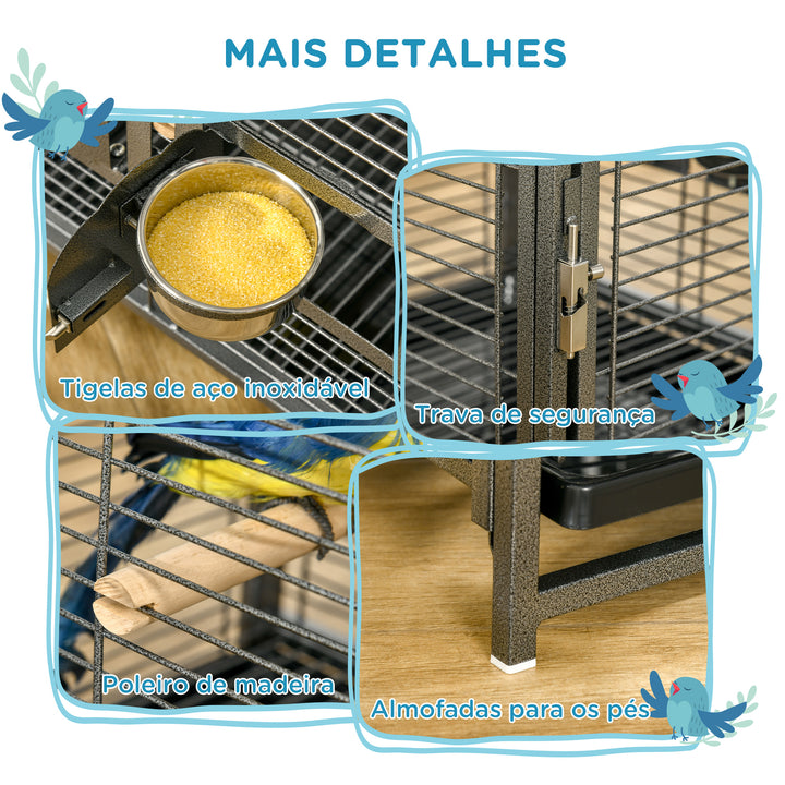 Gaiola para Pássaros Portátil com 2 Poleiros de Madeira Comedouros de Aço Inoxidável e Bandeja Amovível para Periquitos Canários 48x38x47,8 cm Preto