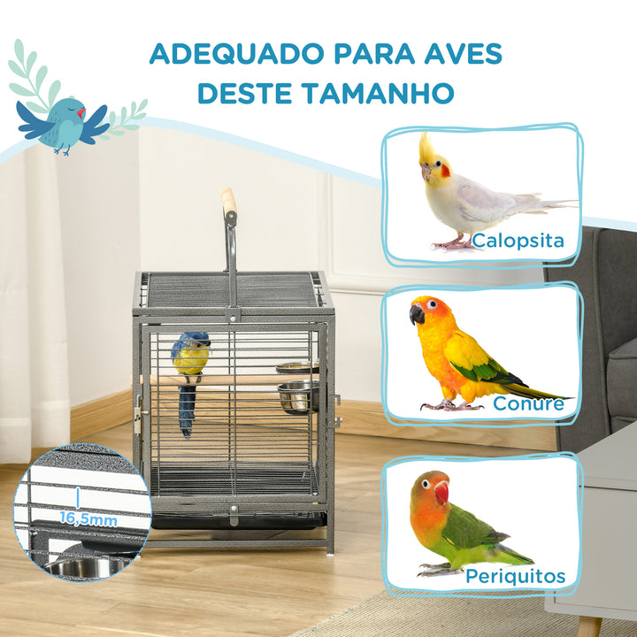 Gaiola para Pássaros Portátil com 2 Poleiros de Madeira Comedouros de Aço Inoxidável e Bandeja Amovível para Periquitos Canários 48x38x47,8 cm Preto