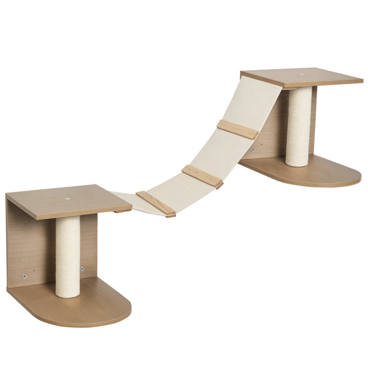 Prateleiras de Parede para Gatos Escadas de Tecido para Gatos com Plataformas e Postes Arranhadores de Sisal Centro de Atividades de Escada 129x40x31,5cm Marrom Claro