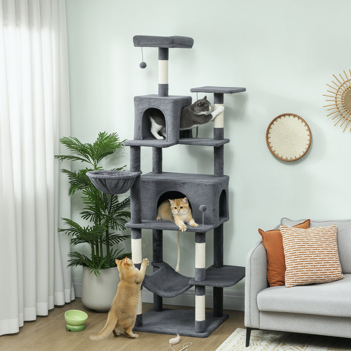 Arranhador para Gatos 202 cm Torre de Escalada com Plataformas Plataformas Caverna Postes de Sisal Bolas e Corda para Brincar Cinzento
