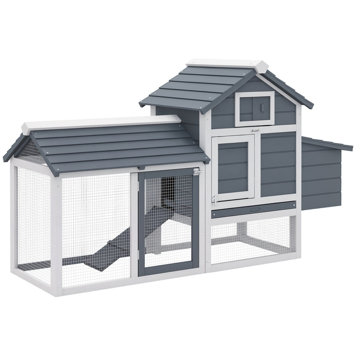Galinheiro de Madeira para Exterior Gaiola para 2-3 Galinhas com Cercado de Arame Teto Abatível Caixa Ninho Bandeja Removível e Rampa 150,5x54x87cm Cinza e Branco