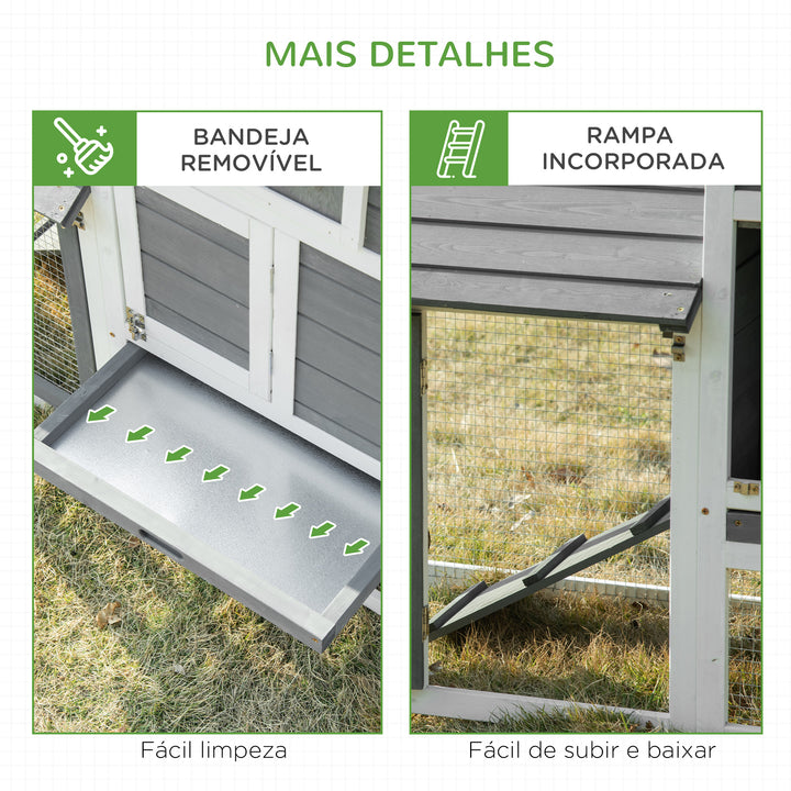 Galinheiro de Madeira para Exterior Gaiola para 2-3 Galinhas com Cercado de Arame Teto Abatível Caixa Ninho Bandeja Removível e Rampa 150,5x54x87cm Cinza e Branco